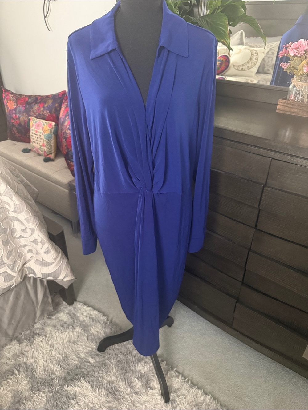 INC International Concepts Cobalt Blue Twist-Front Long Sleeve Dress